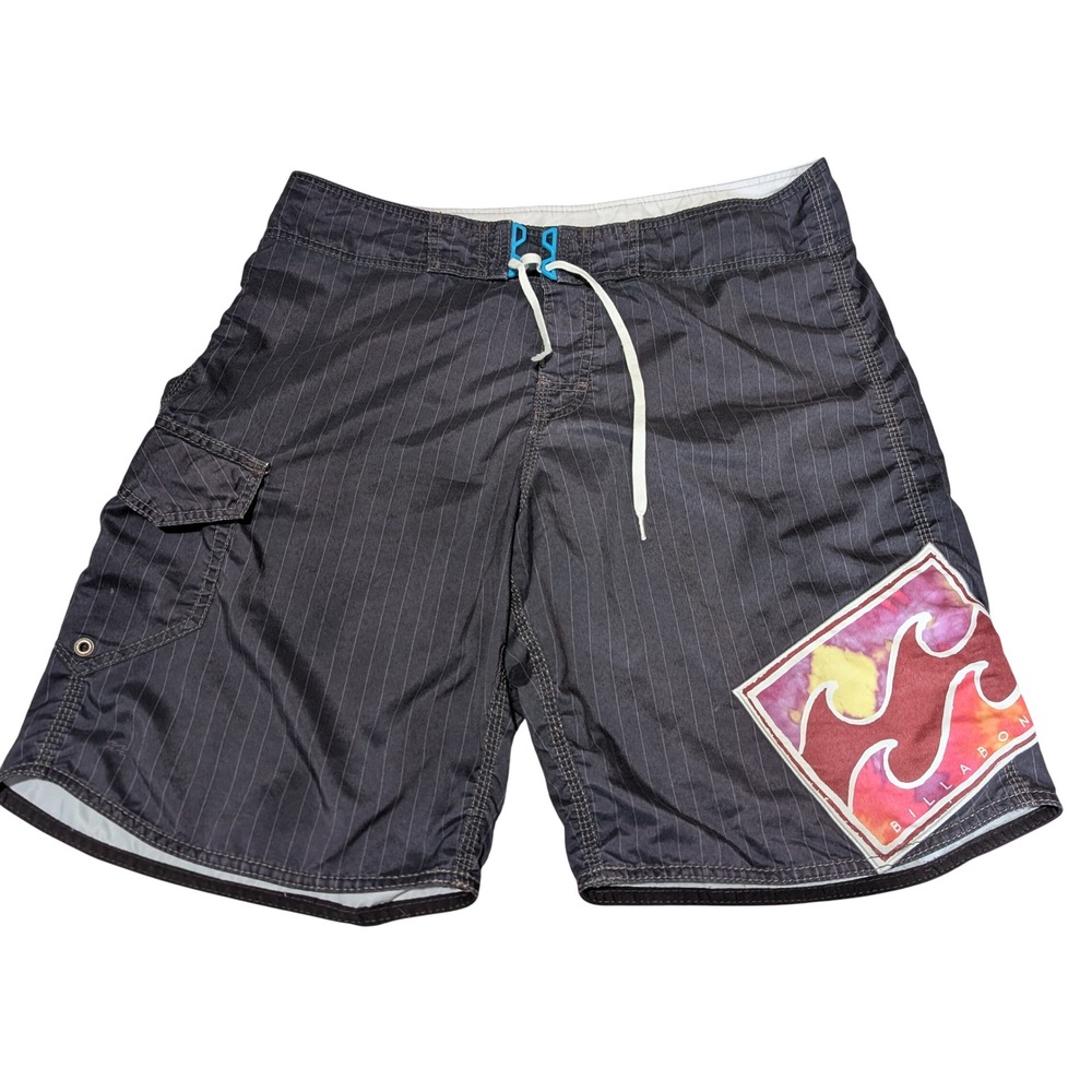 Billabong Board Shorts Mens 36 Grey Pinstripe Y2K Vintage Logo Cargo Swim Trunks
